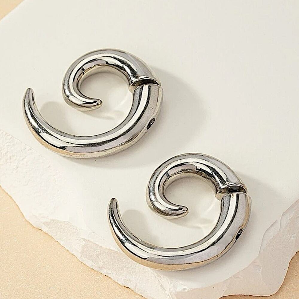 Silver Minimalist Cuff Hoop Earrings, Stud, Punk, Spiral - Picture 2 of 5